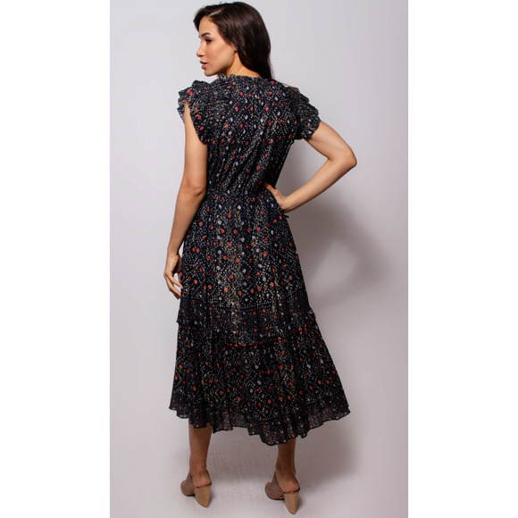 Ulla Johnson 2 Linea Ruffle Midi Dress Cotton Puff Shoulder Maxi Navy Blue EUC! - Picture 4 of 9